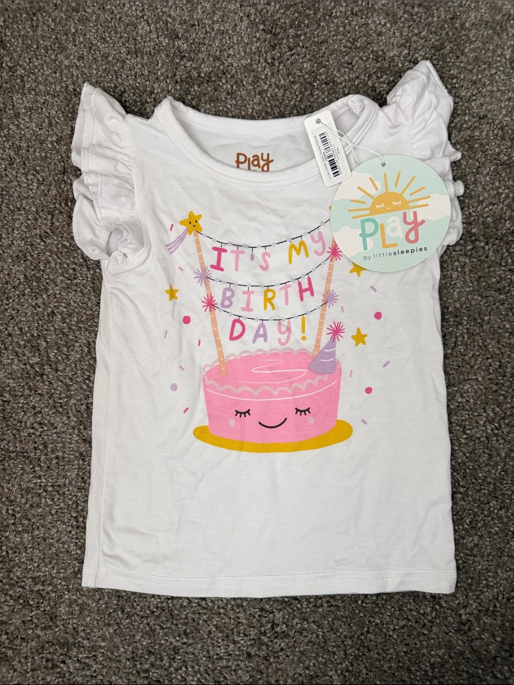 Little Sleepies White Tee with Pink Birthday Cake Graphic